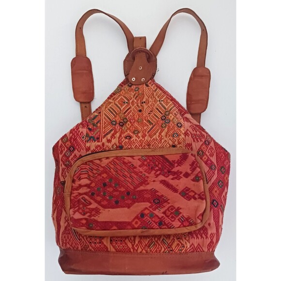 Handwoven Guatemalan Textile Lg Backpack Brown Leather Straps Hippie Boho main image 9